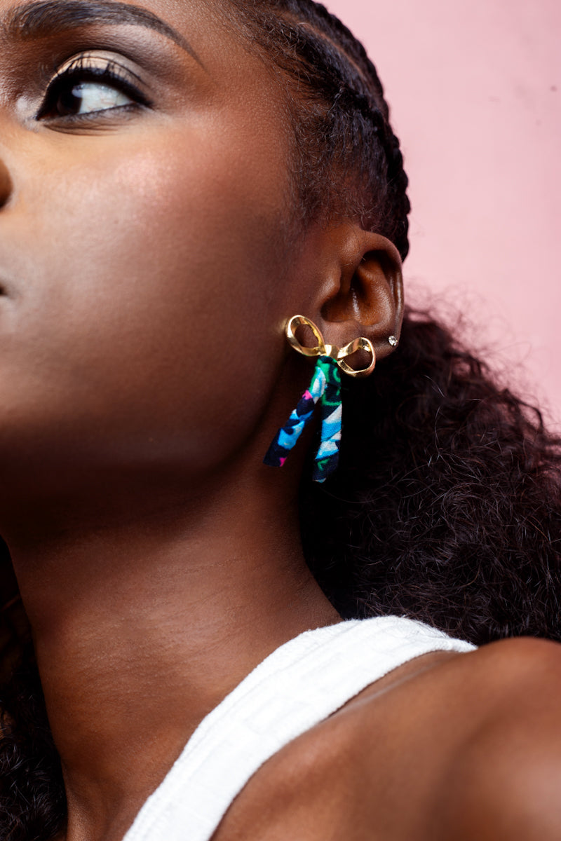 African print Bow earrings- Bleu