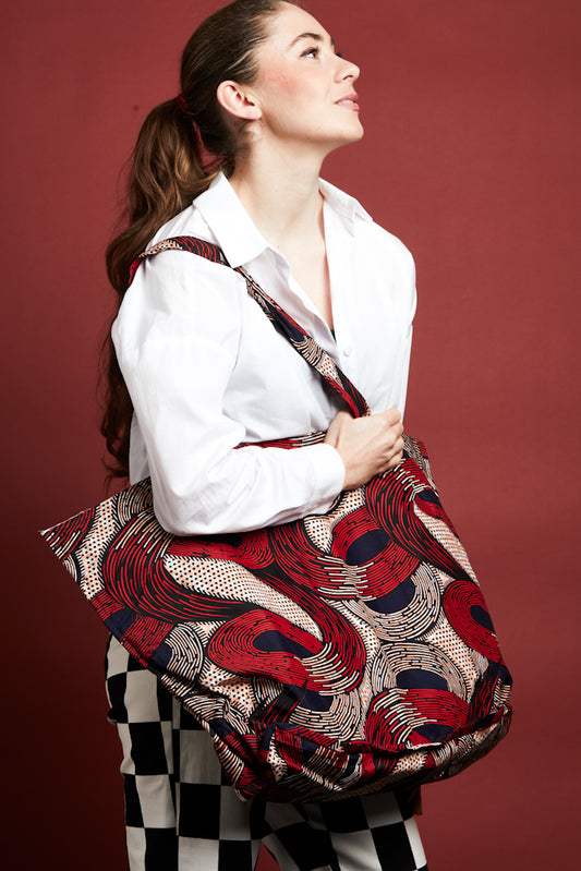 NEW- African Print Maxi Tote Bag - Red Swirls