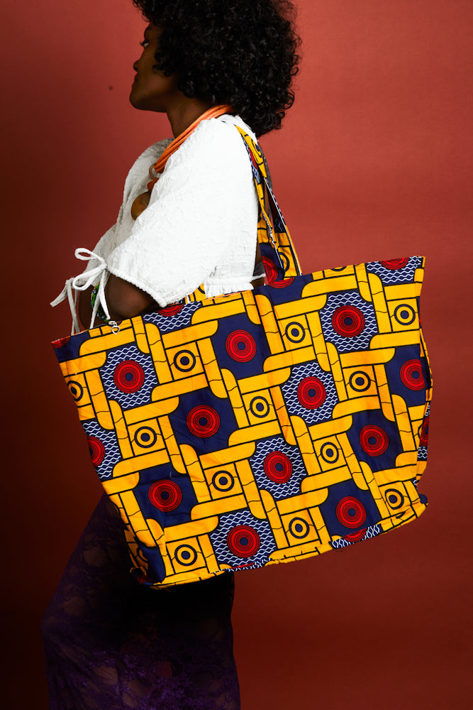 NEW- African Print Maxi Tote Bag - Yellow Motifs