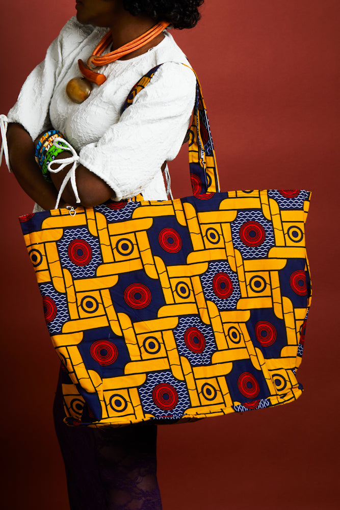 NEW- African Print Maxi Tote Bag - Yellow Motifs
