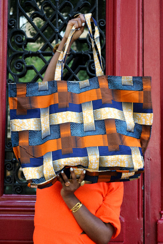African Print Maxi Tote Bag - Orange check