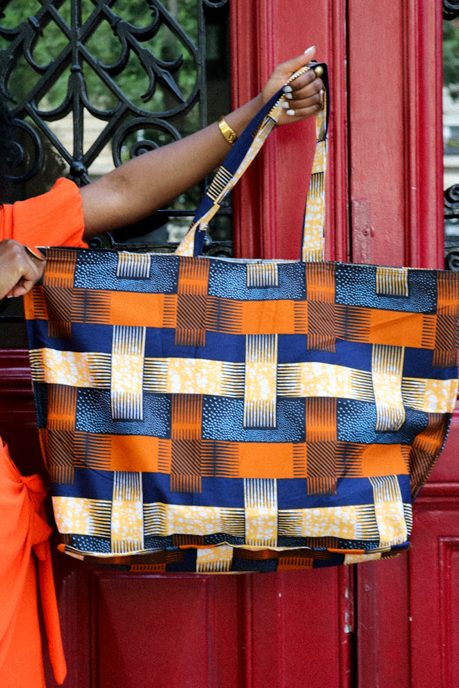 African Print Maxi Tote Bag - Orange check