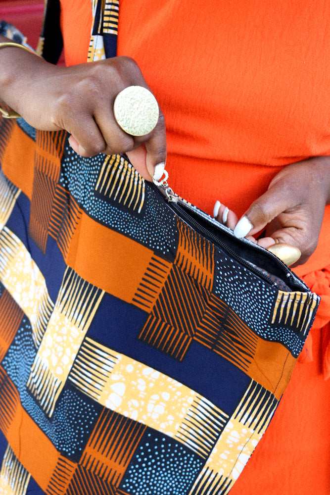 African Print Maxi Tote Bag - Orange check