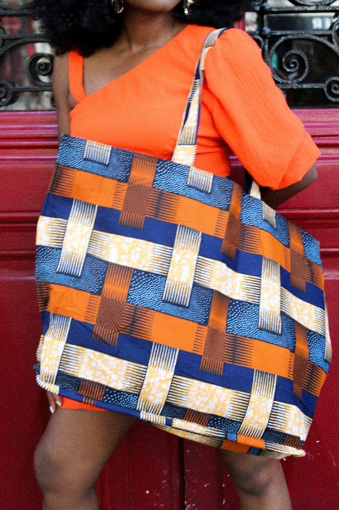 African Print Maxi Tote Bag - Orange check
