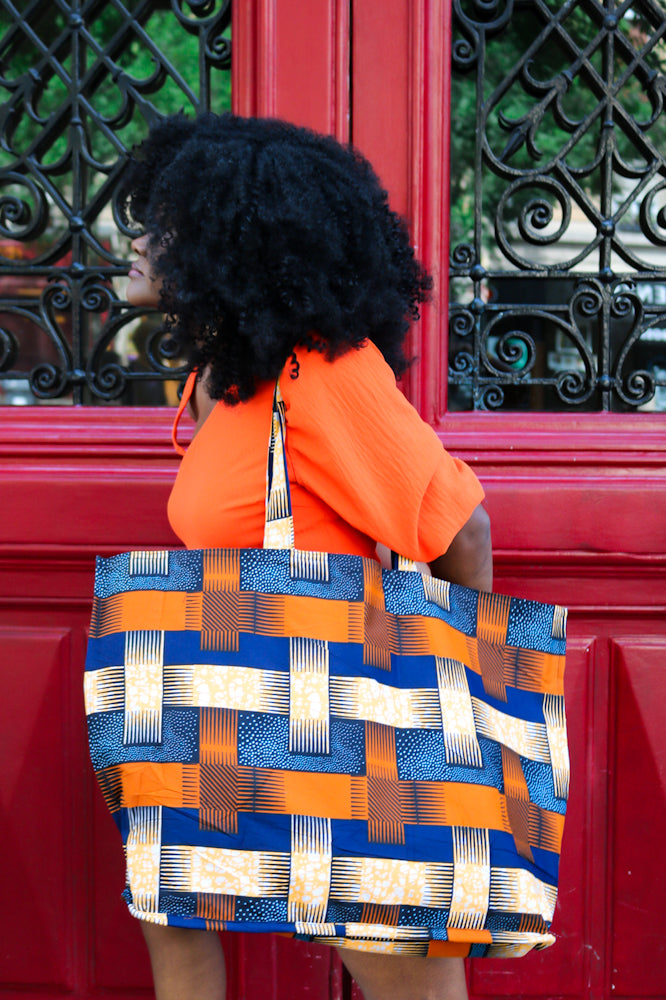 African Print Maxi Tote Bag - Orange check