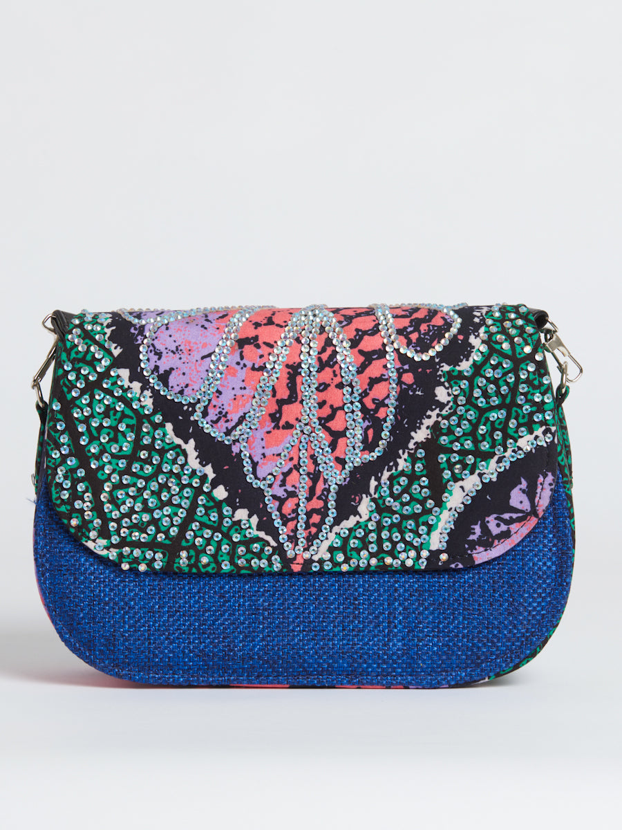 African print bag- Blue Diamanté Jute