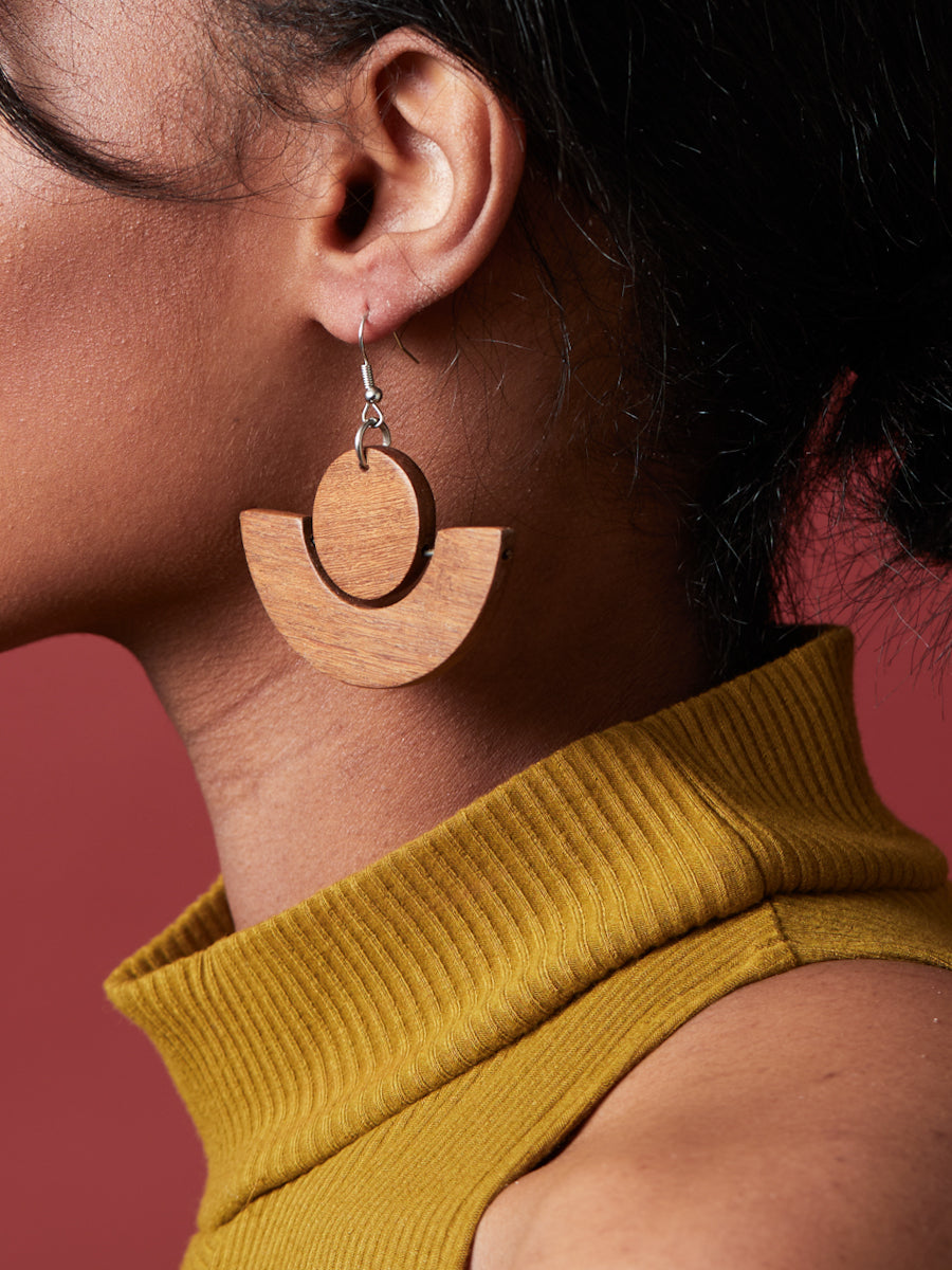 WOODEN SEMI MOON EARRINGS - Cece Finery