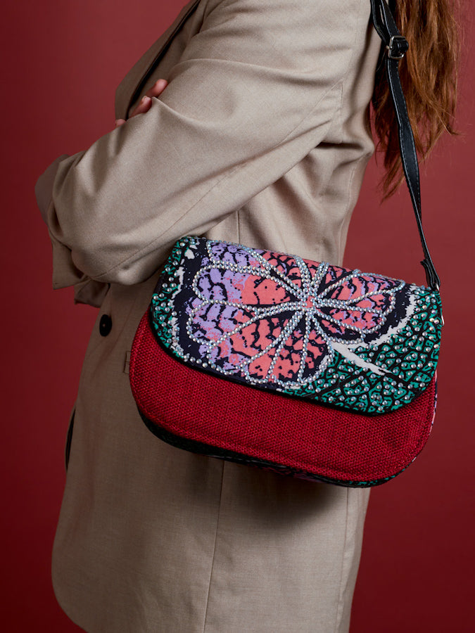 African Print Crossbody Bag - Diamanté Jute Red