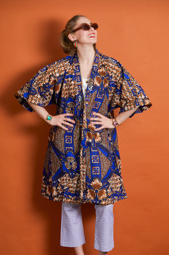 African Print Kimono - Blue/Brown