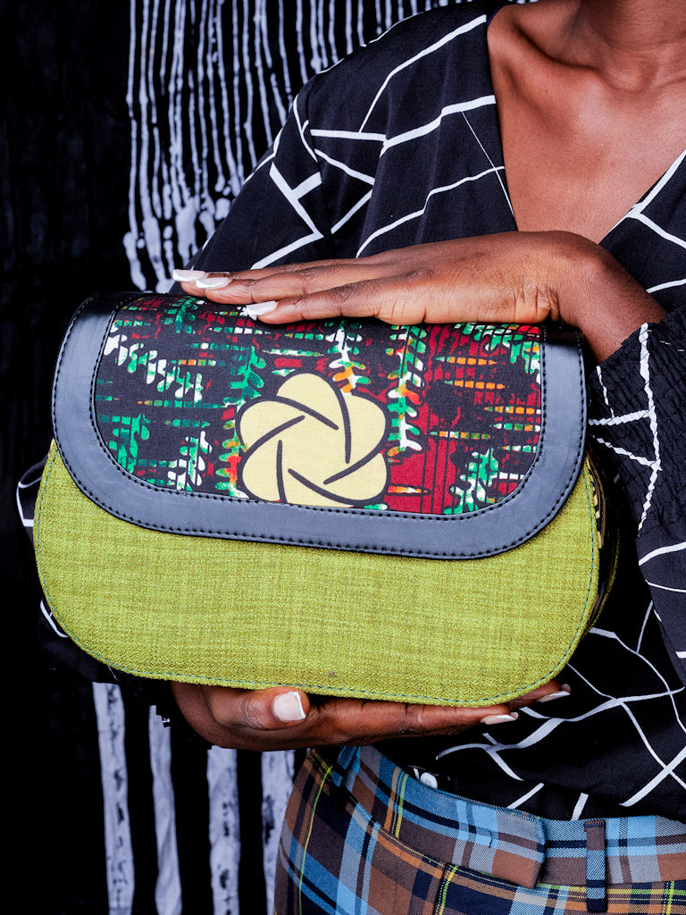 African Print Crossbody Bag - Green  Flower Jute