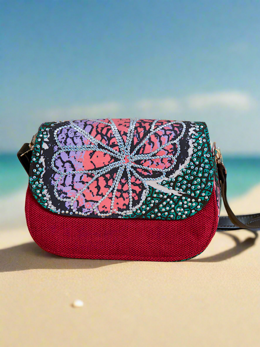 African Print Crossbody Bag - Diamanté Jute Red