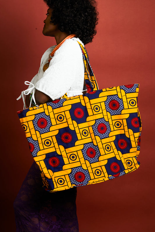 NEW- African Print Maxi Tote Bag - Yellow Motifs