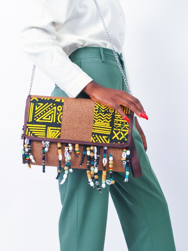 African Print Shoulder Bag - Yellow Fringed