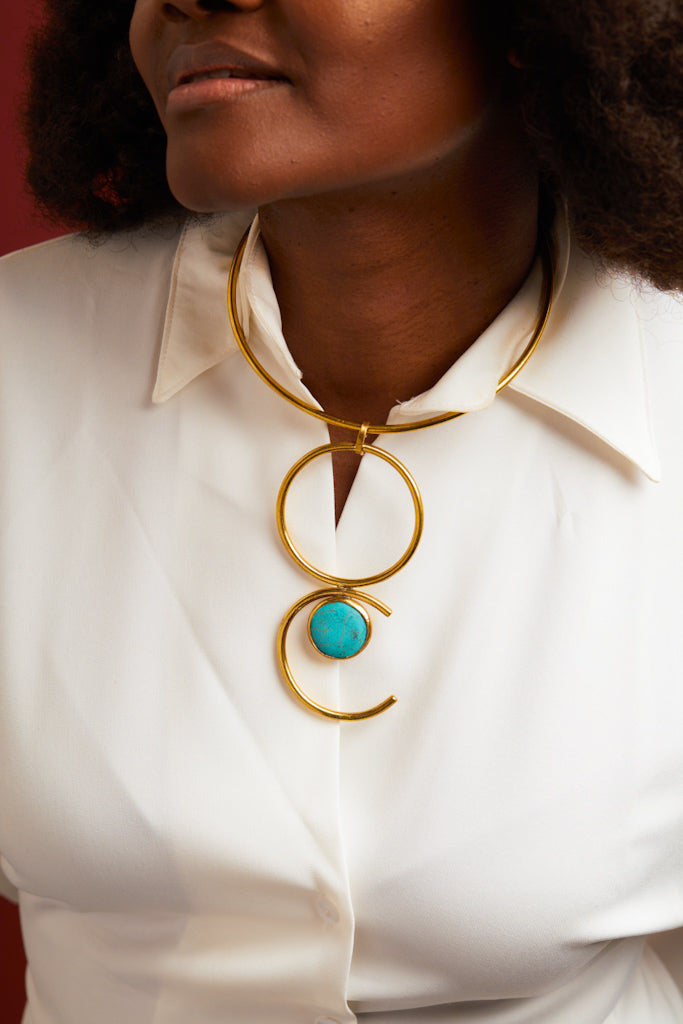 African Brass Necklace - Double Solar Turquoise