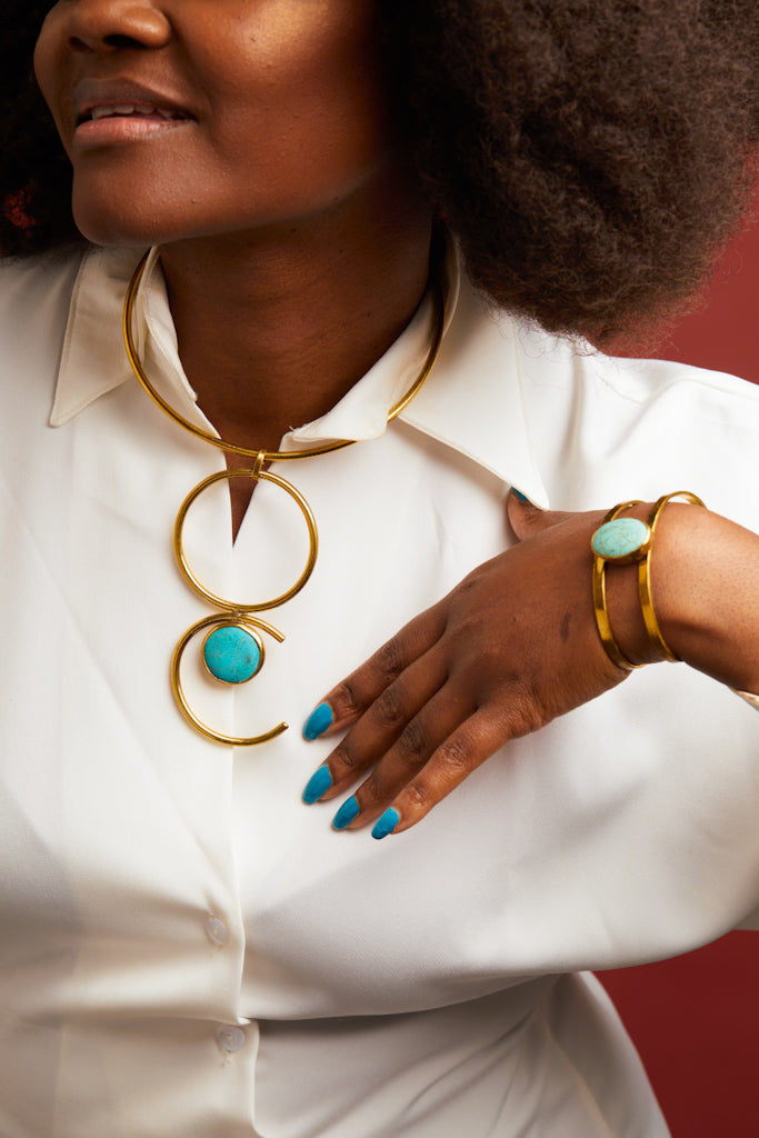 African Brass Necklace - Double Solar Turquoise