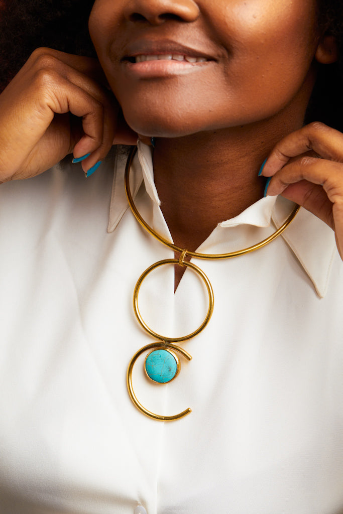 African Brass Necklace - Double Solar Turquoise