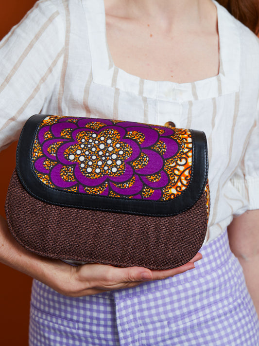 African Print Crossbody Bag - Purple Flower Jute