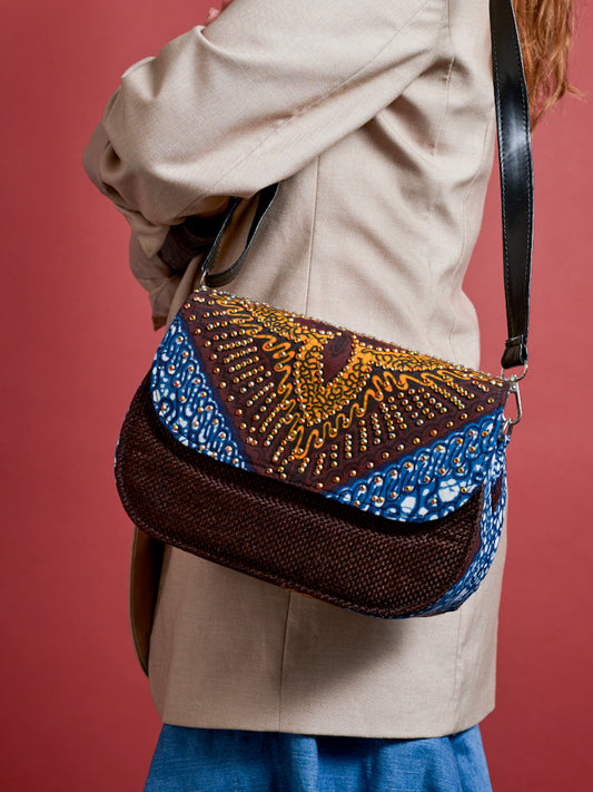 African Print Crossbody Bag - Diamanté Jute Brown