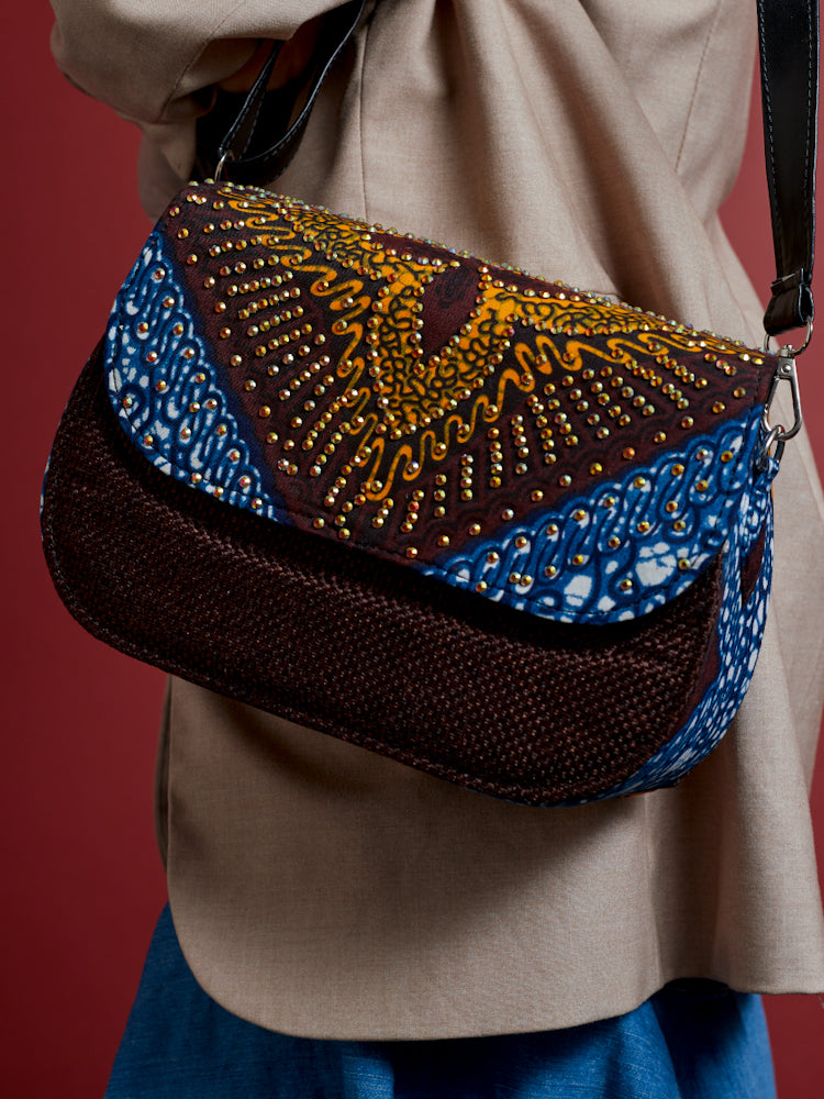 African Print Crossbody Bag - Diamanté Jute Brown