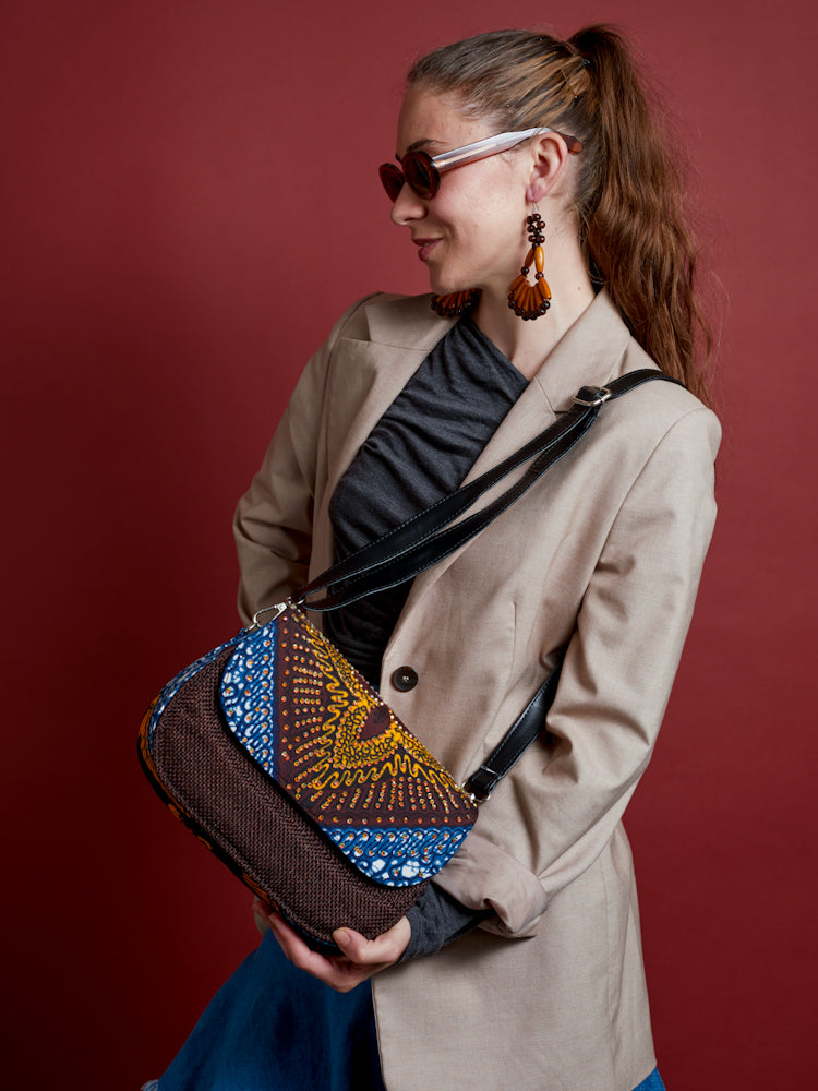 African Print Crossbody Bag - Diamanté Jute Brown