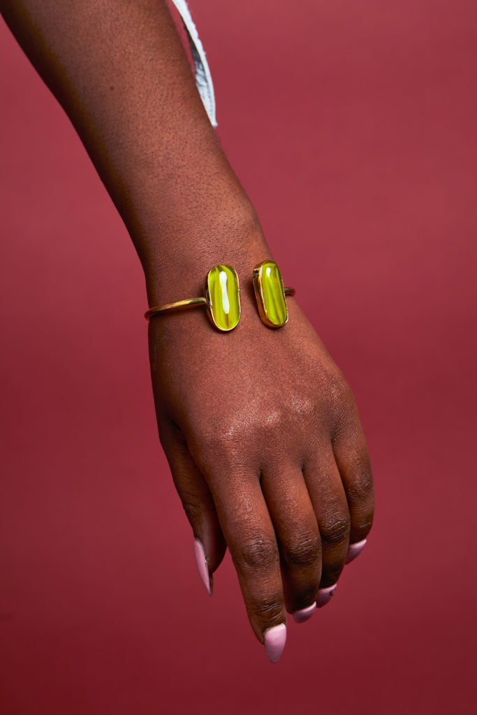 Mali Bracelet: Handcrafted Brass Bangle with Green Stone