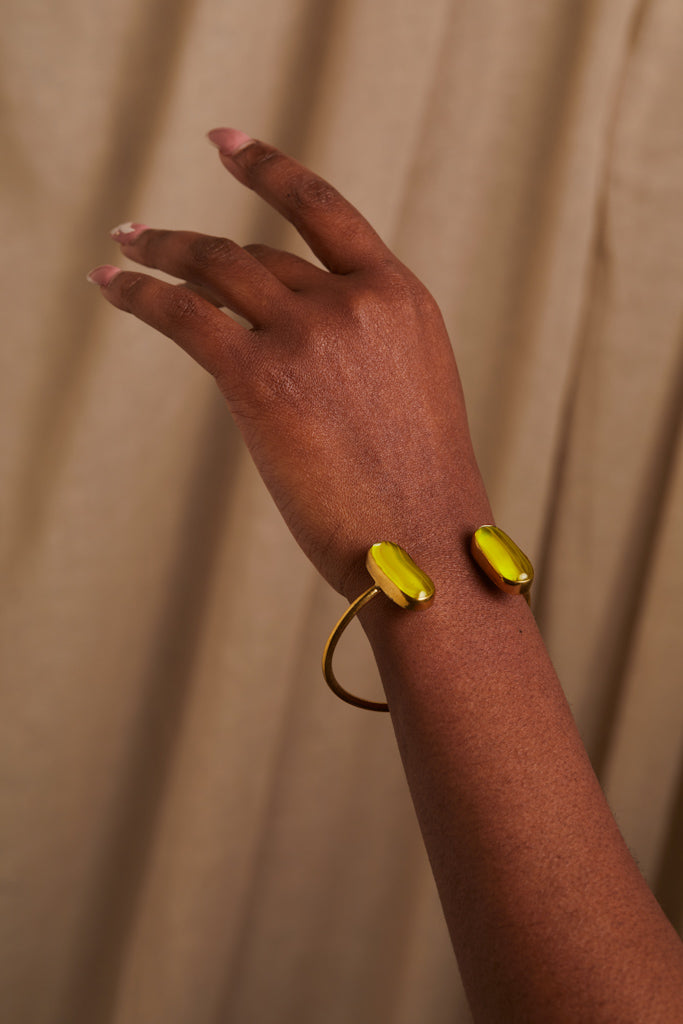 Mali Bracelet: Handcrafted Brass Bangle with Green Stone