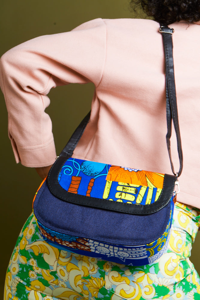 African print crossbody bag- Denim Blue