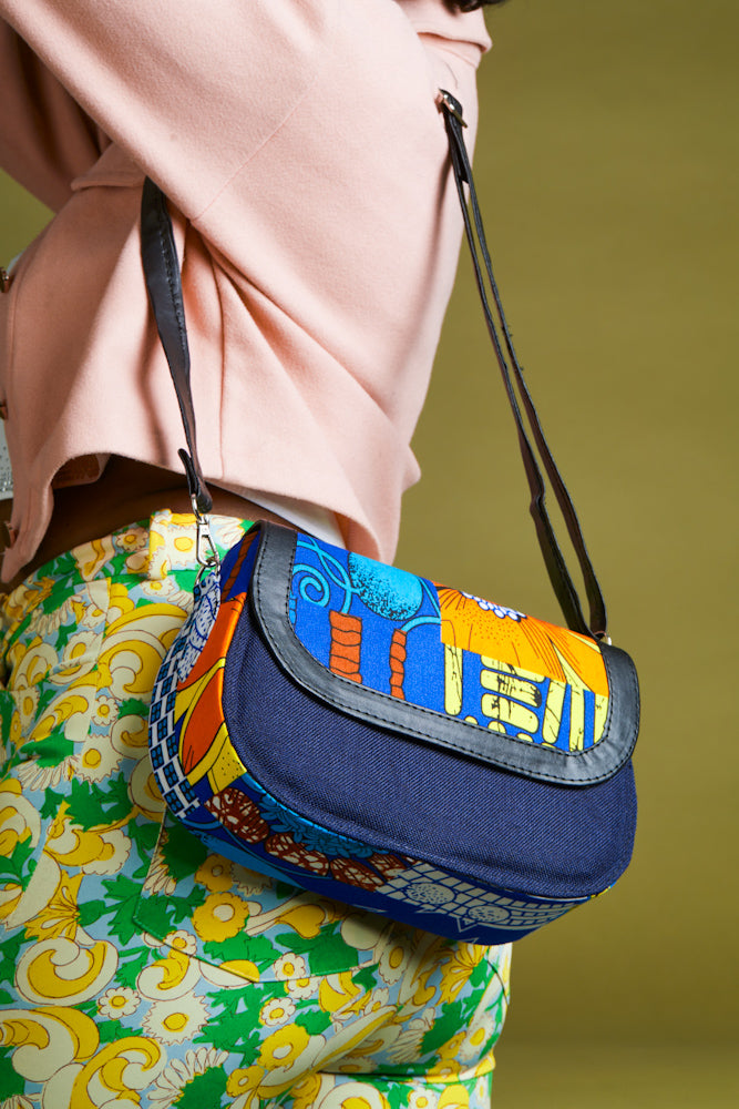 African print crossbody bag- Denim Blue
