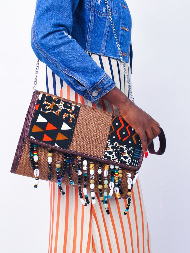 African Print Shoulder Bag - Yellow Fringed