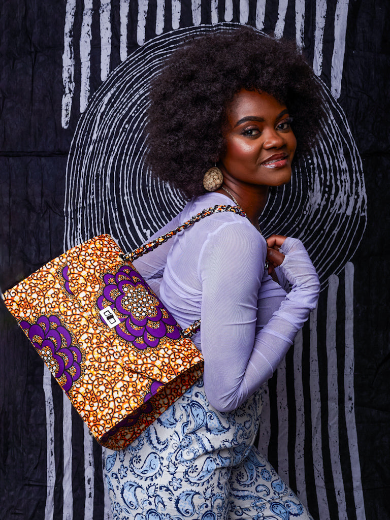 African Print Shoulder Bag - Didi Boxy - Purple Fleur