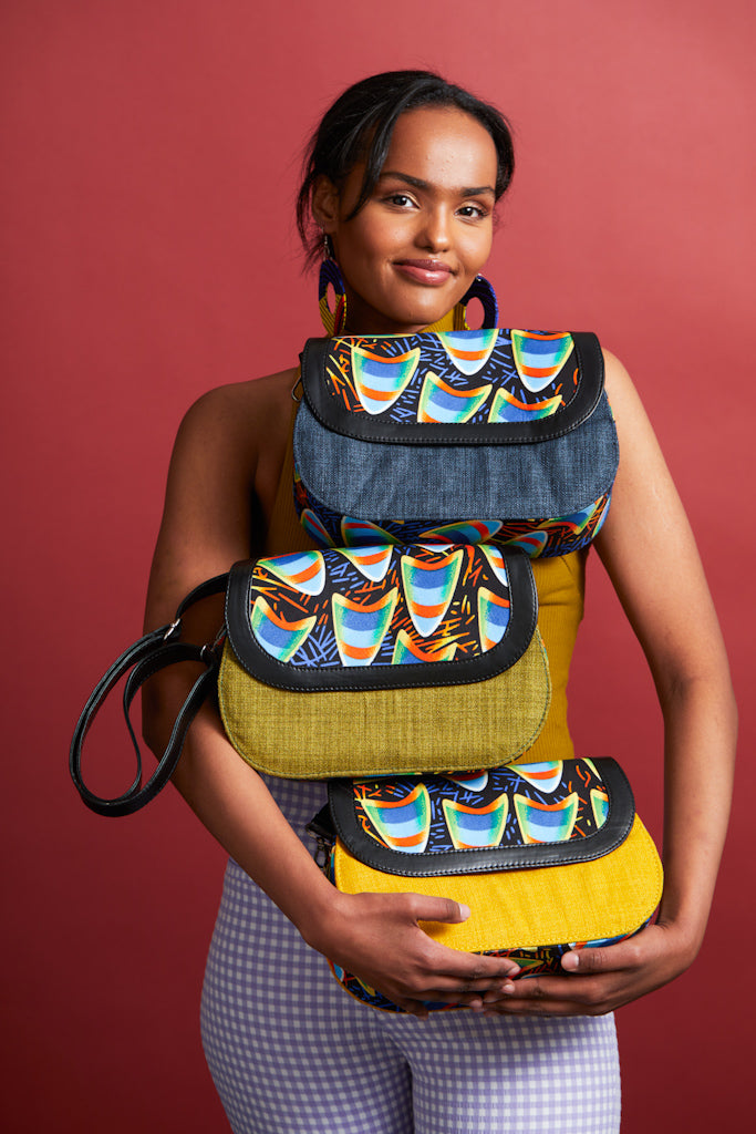 African Print Crossbody Bag - Navy Denim Jute