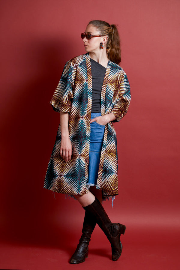 African Print Kimono - Didi Brown/Blue