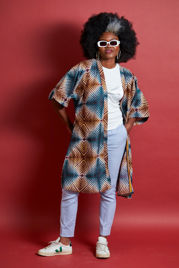 African Print Kimono - Didi Brown/Blue