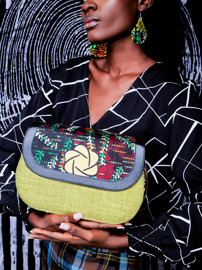 African Print Crossbody Bag - Green  Flower Jute