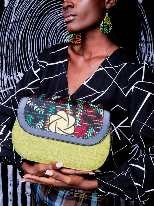 African Print Crossbody Bag - Green  Flower Jute