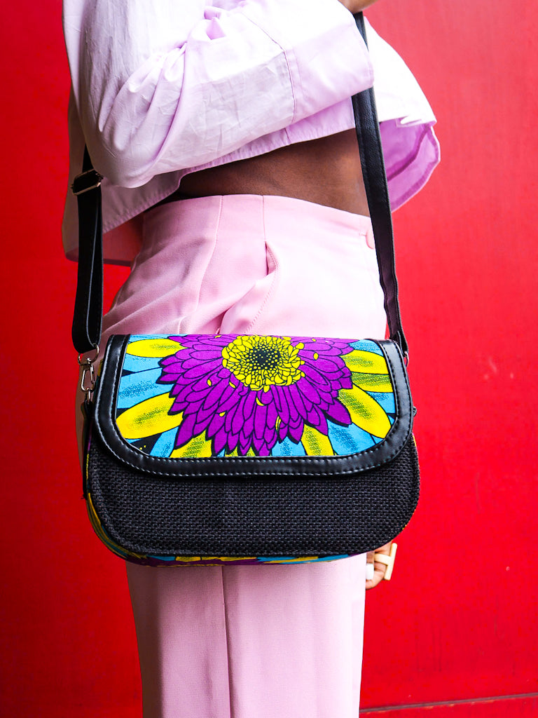 African Print Crossbody Bag - Purple Flower/ Black Jute