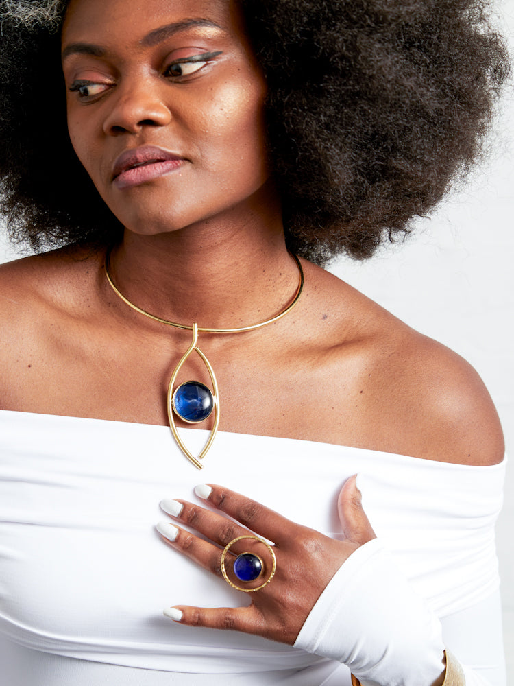 African Style Brass Necklace - Nairo Choker - BLUE