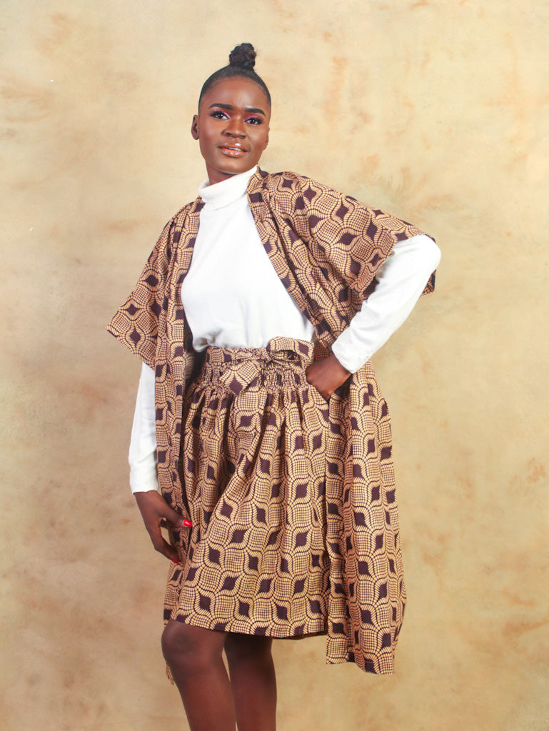 African Print Skirt -  Didi Brown Leaf