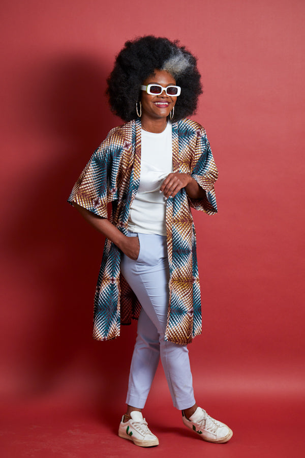 African Print Kimono - Didi Brown/Blue