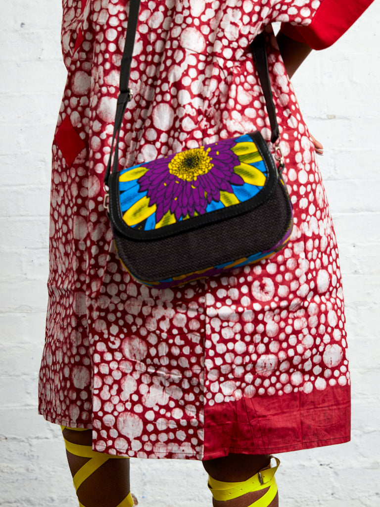 African Print Crossbody Bag - Purple Flower/ Black Jute