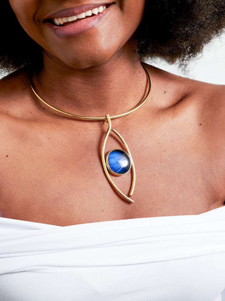 African Style Brass Necklace - Nairo Choker - BLUE