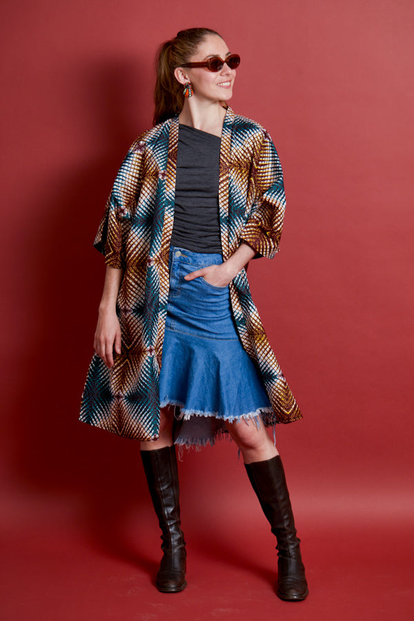 African Print Kimono - Didi Brown/Blue