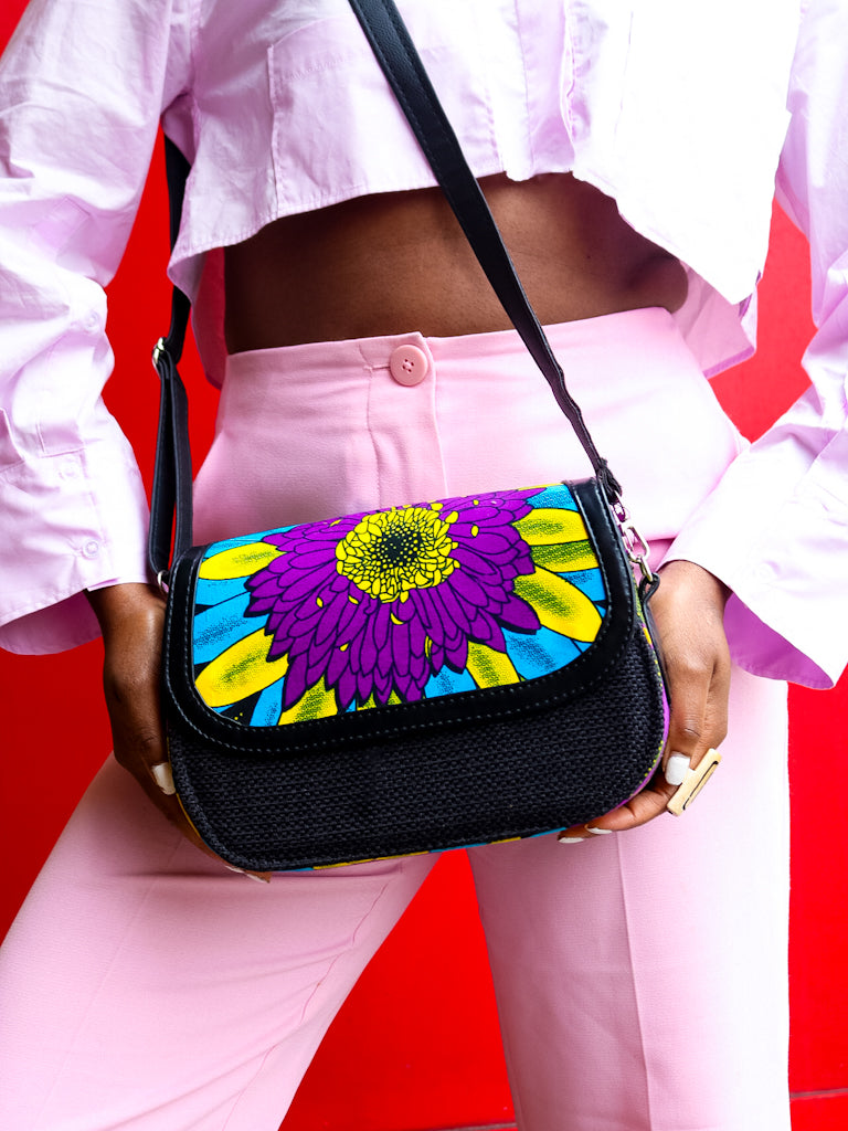 African Print Crossbody Bag - Purple Flower/ Black Jute