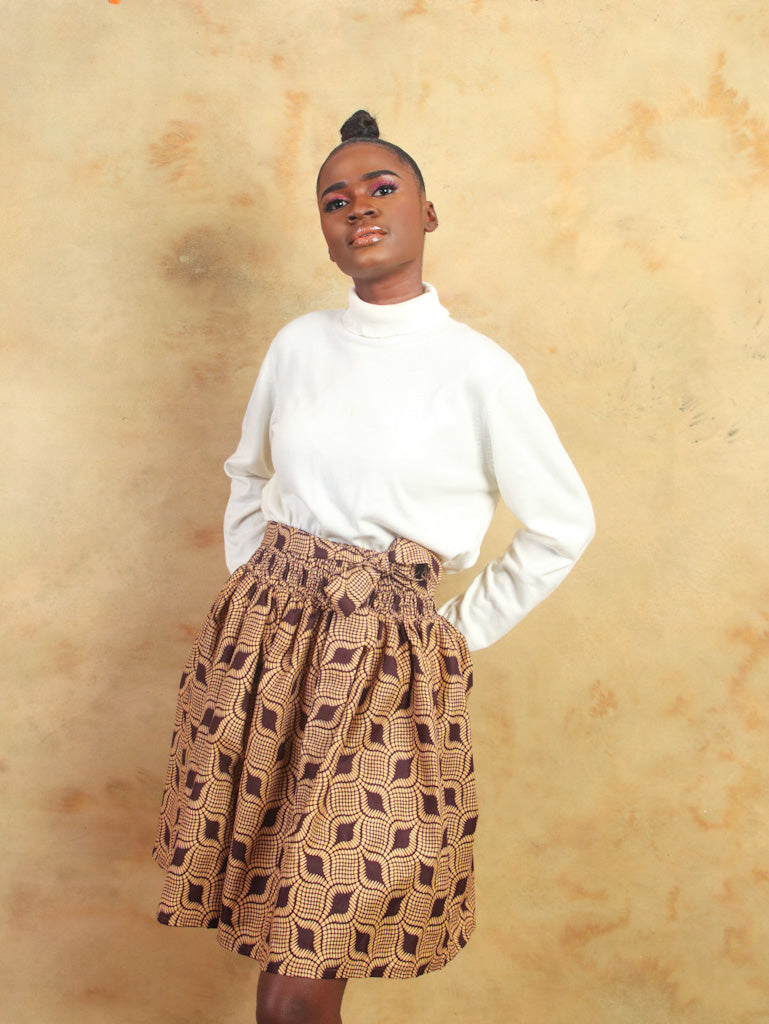 African Print Skirt -  Didi Brown Leaf