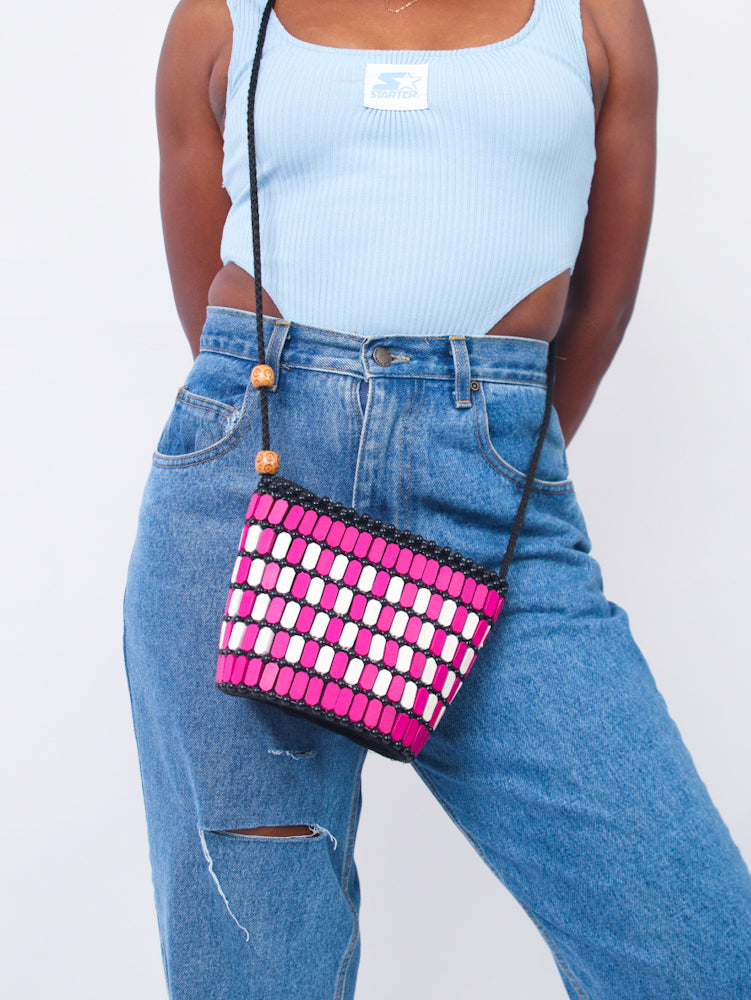 African Style Beaded Bag - JOA Piece - PINK & WHITE