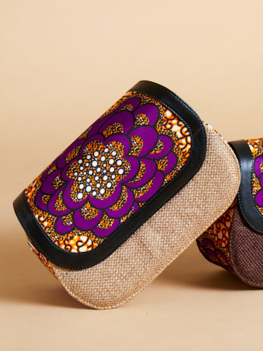 African Print Crossbody Bag - Purple Flower Jute