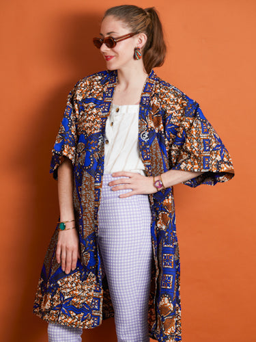 African Print Kimono - Blue/Brown